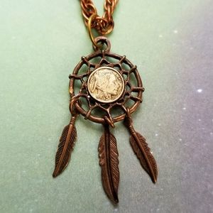 Vintage mini buffalo nickel dreamcatcher necklace Ramzor Inc copper tone
